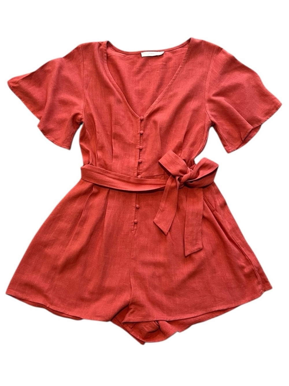 LUSH Linen blend Red Romper with Tie Waist, Size S